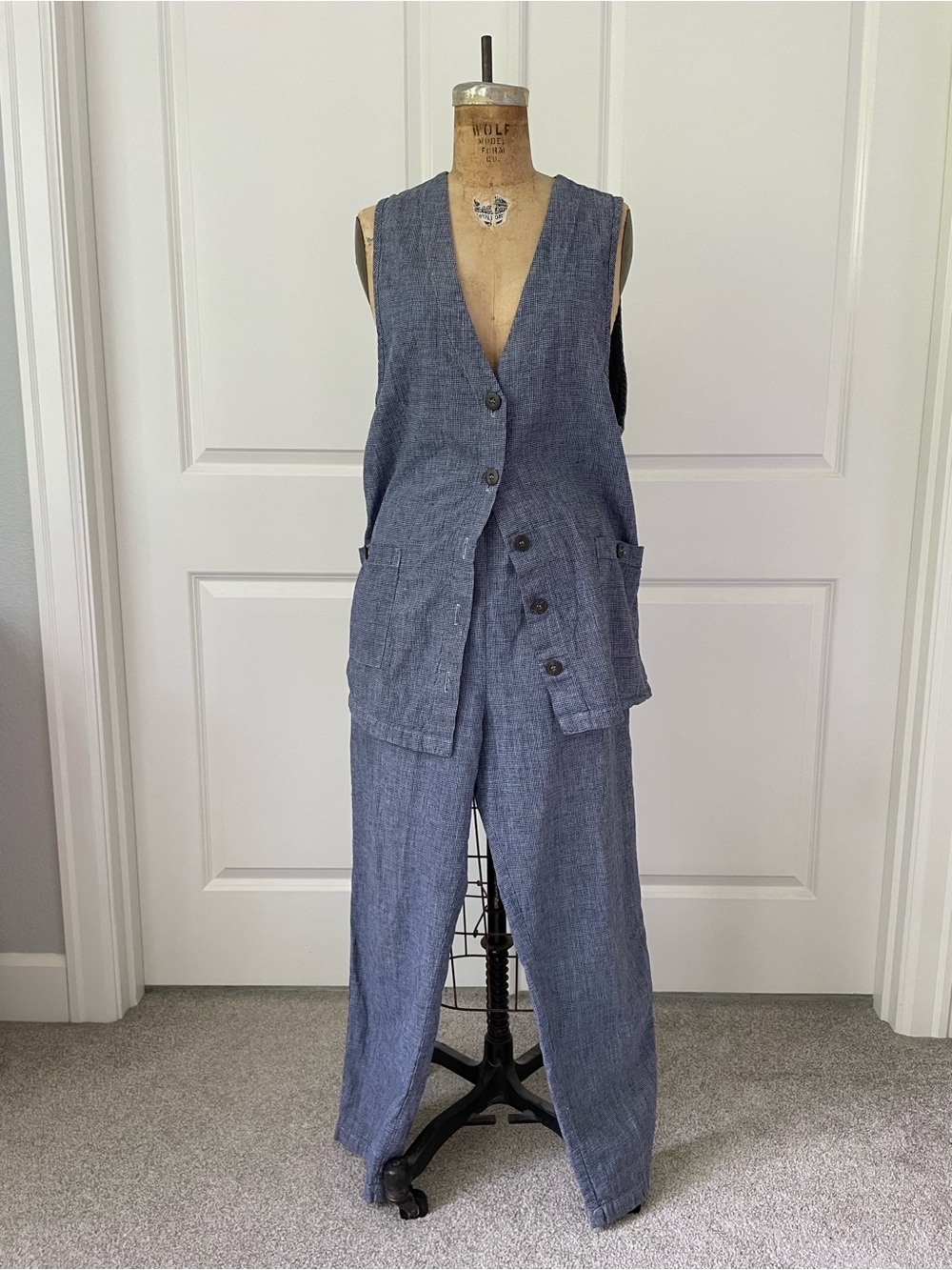 Vintage Mishi Sleeveless Linen Cotton  Blend Vest & Wide-Leg Pants Set - Blue